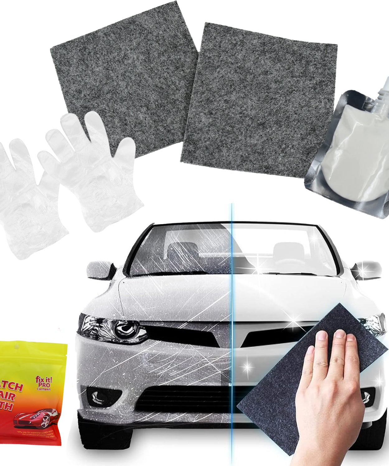 Nano Magic Car Scratch Remover Cloth, Multipurpose Scratch Repair Cloth, Cloth for Car Paint Scratch Repair, Easy to Repair Slight Scratches on the Surface Polishing Repeatable Use for All Kinds of Car (45 ML Repair Solution, 2 Gloves, 2 nano Cloth)