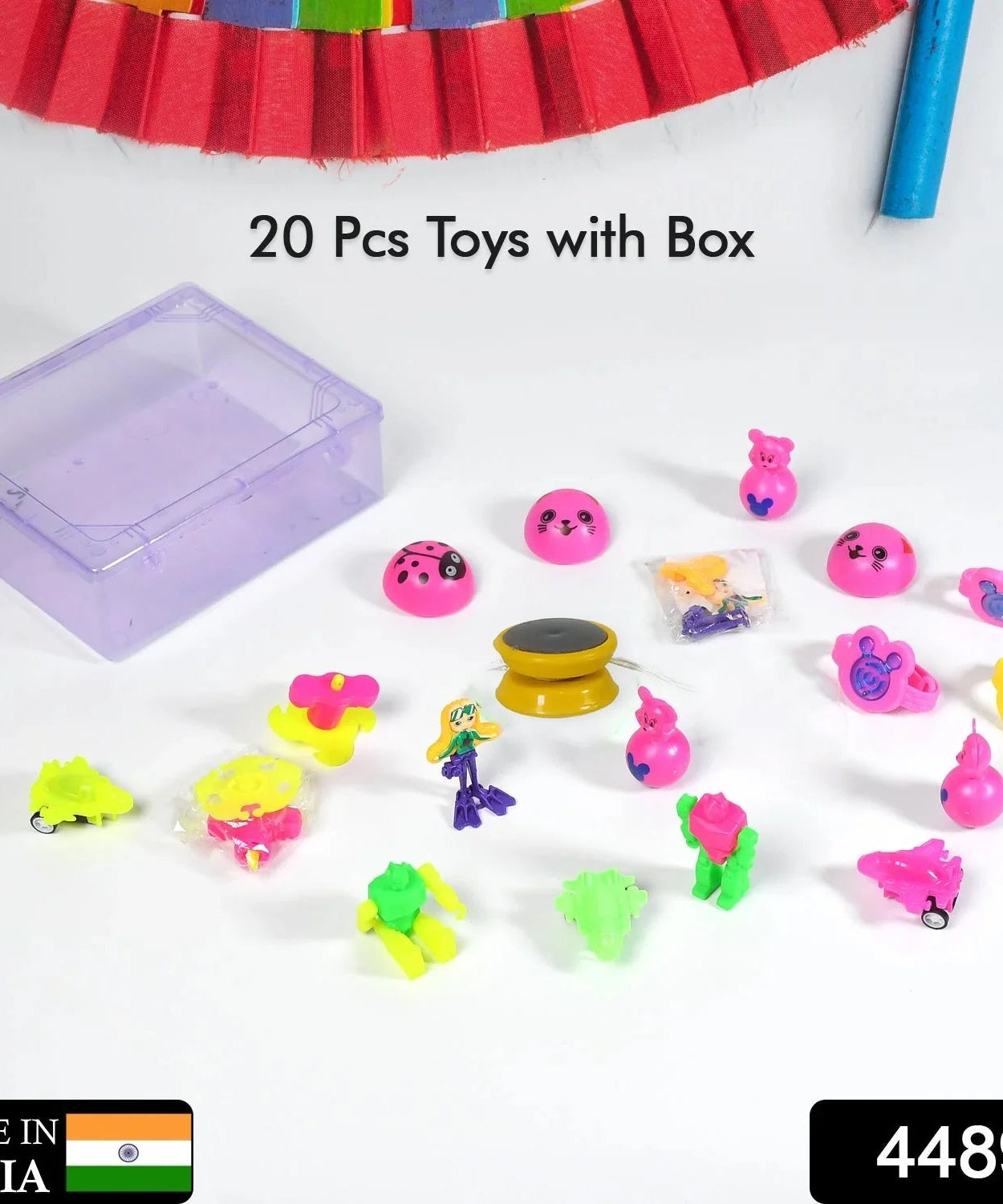 Assorted toys in plastic container