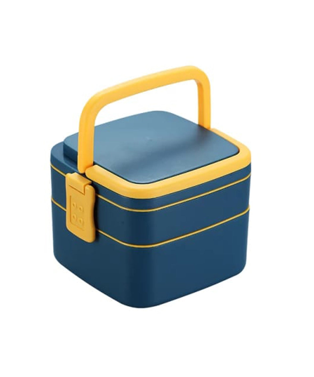 Portable blue lunch box with handle and spoon