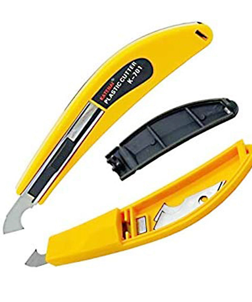 Cutter with hook blade for acrylic and plastic sheets.