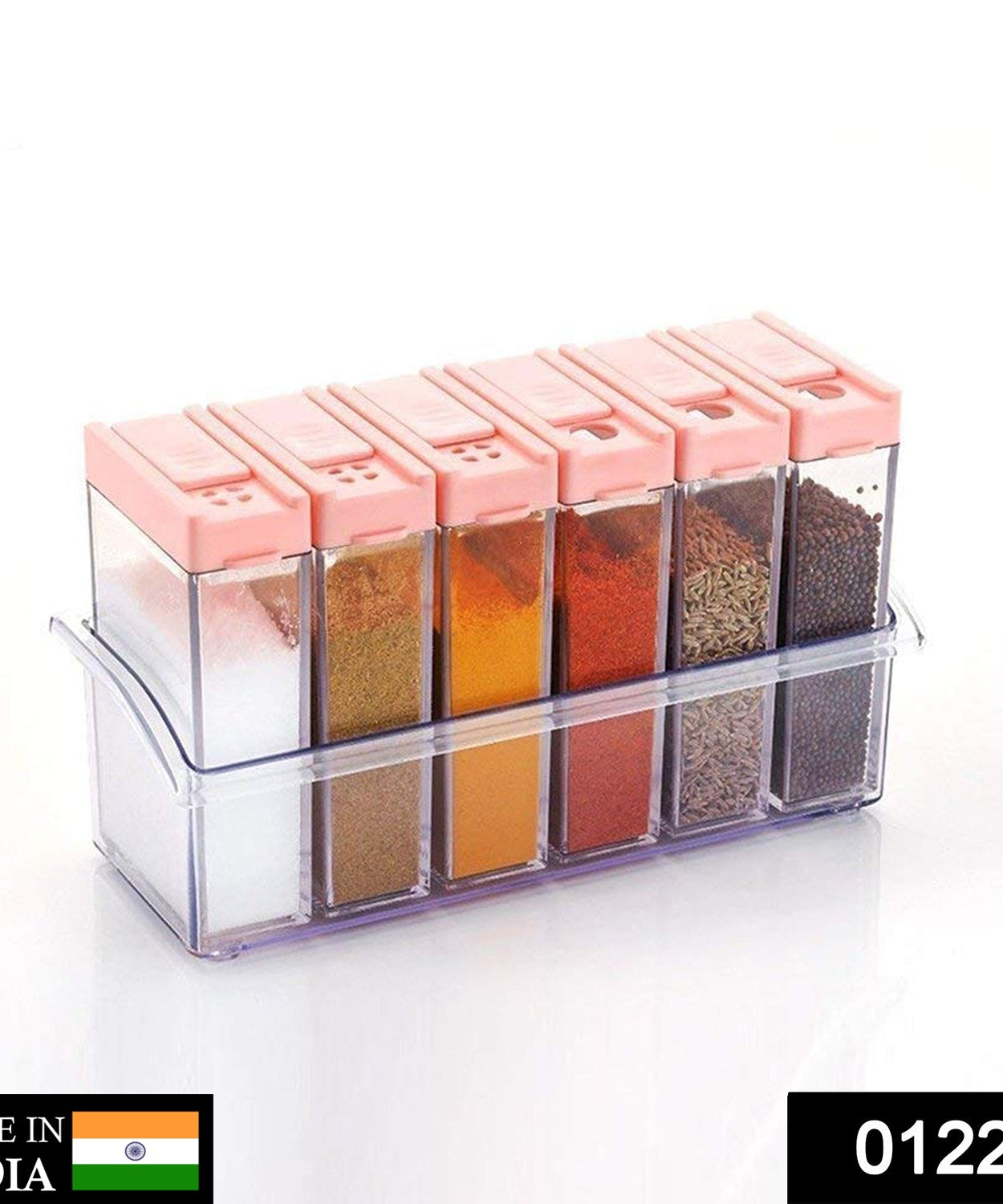 Plastic spice jars in assorted colors, arranged neatly