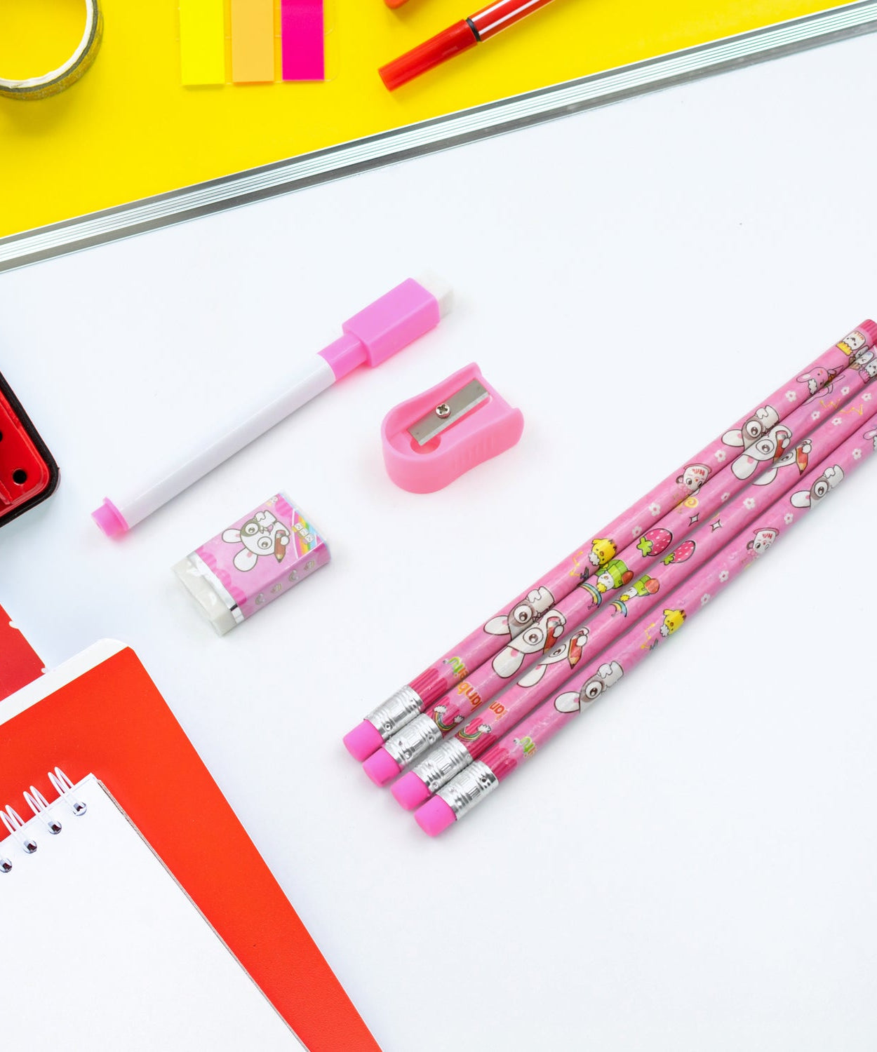 Wooden pencils and eraser set for kids, includes sharpener and diary.