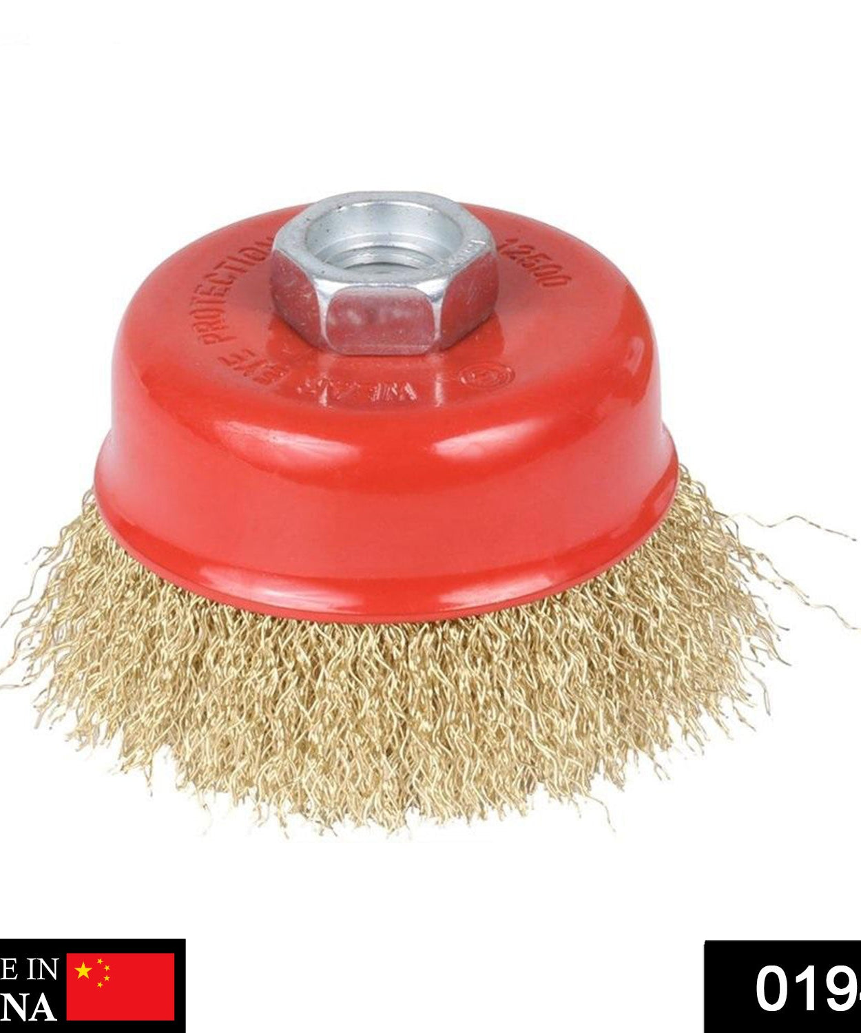 Wire wheel brush in gold color for tough tasks.