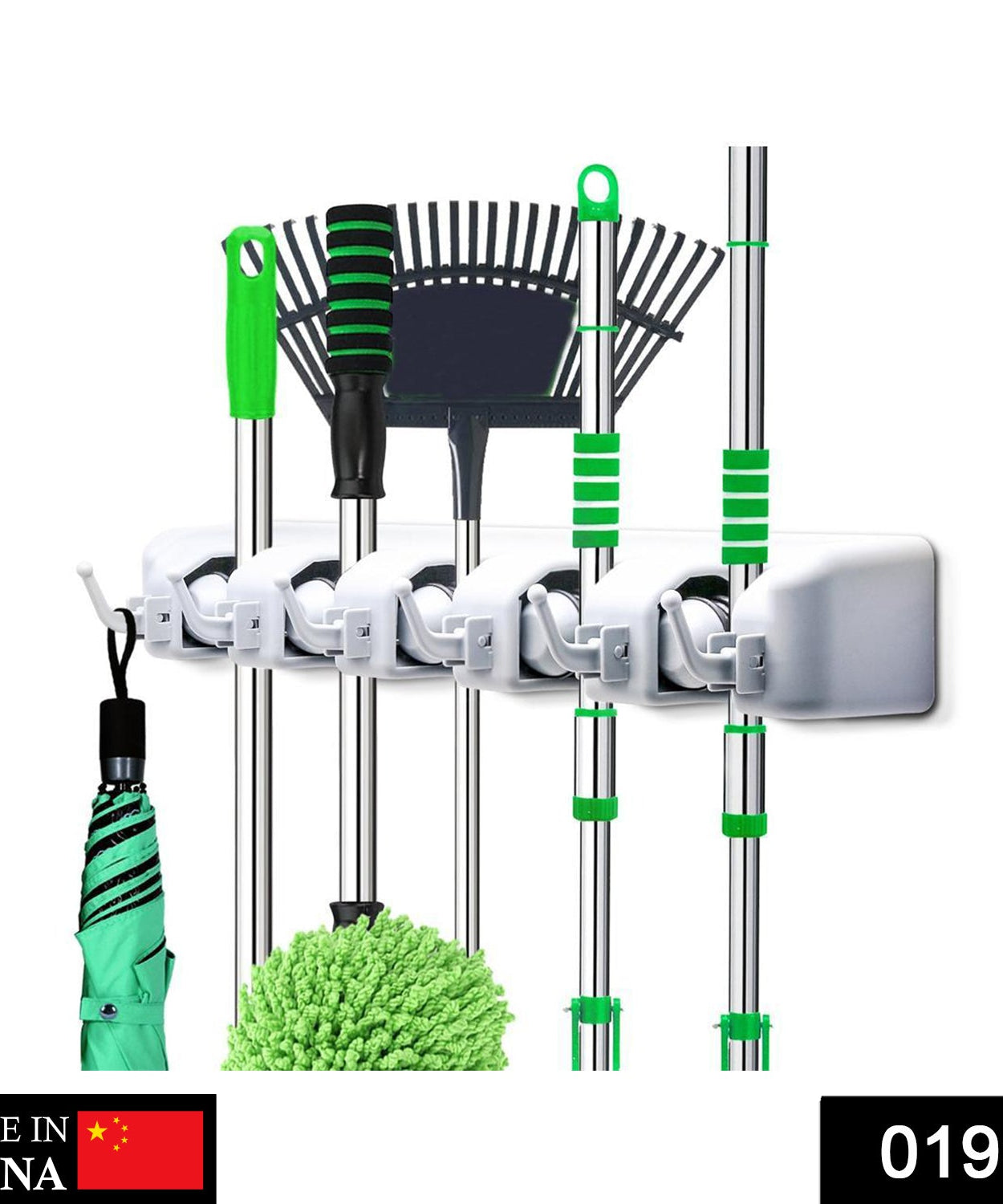 Wall-mounted mop and broom holder with multiple layers.