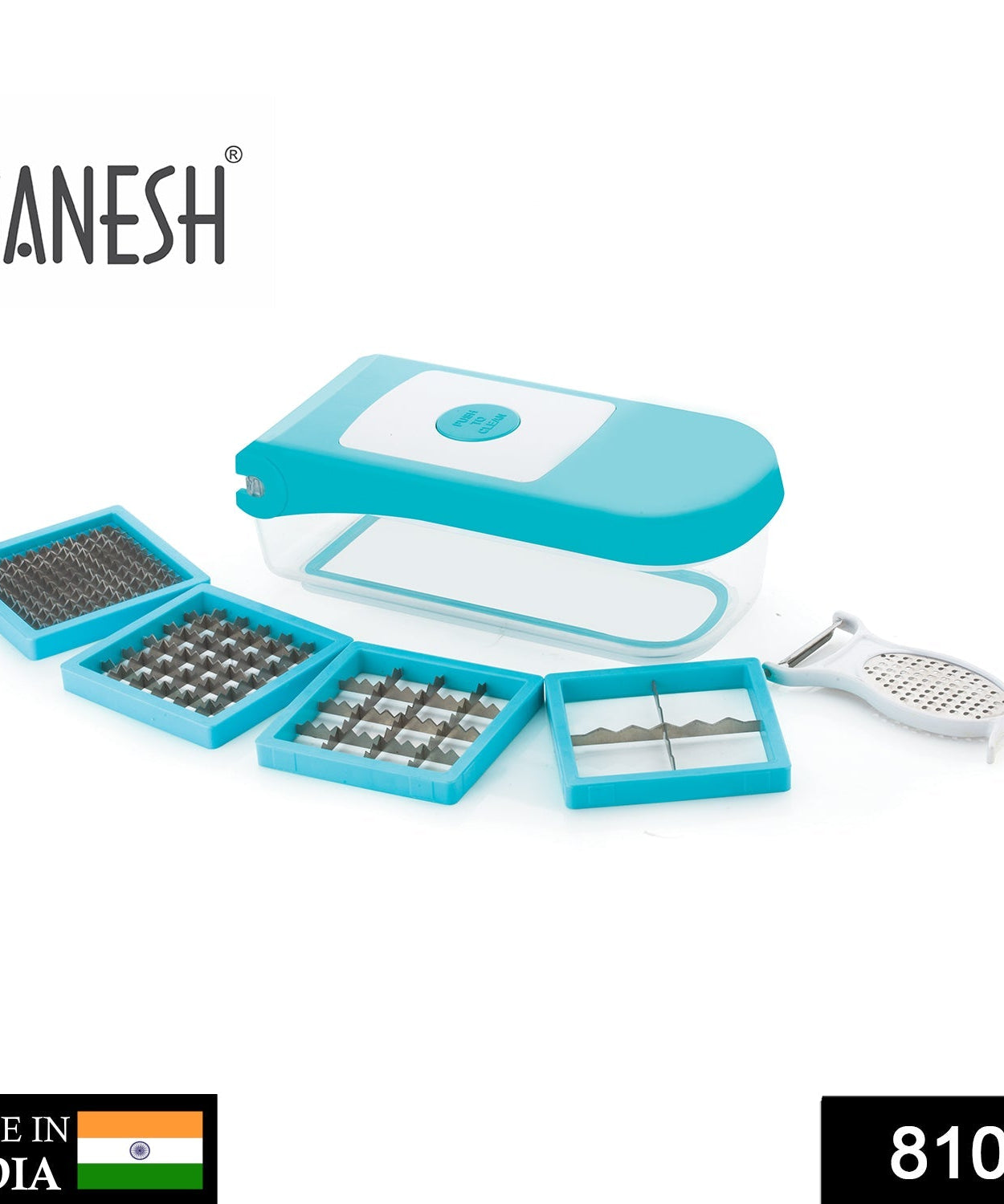 7-in-1 plastic vegetable dicer by Ganesh, blue color, various views.