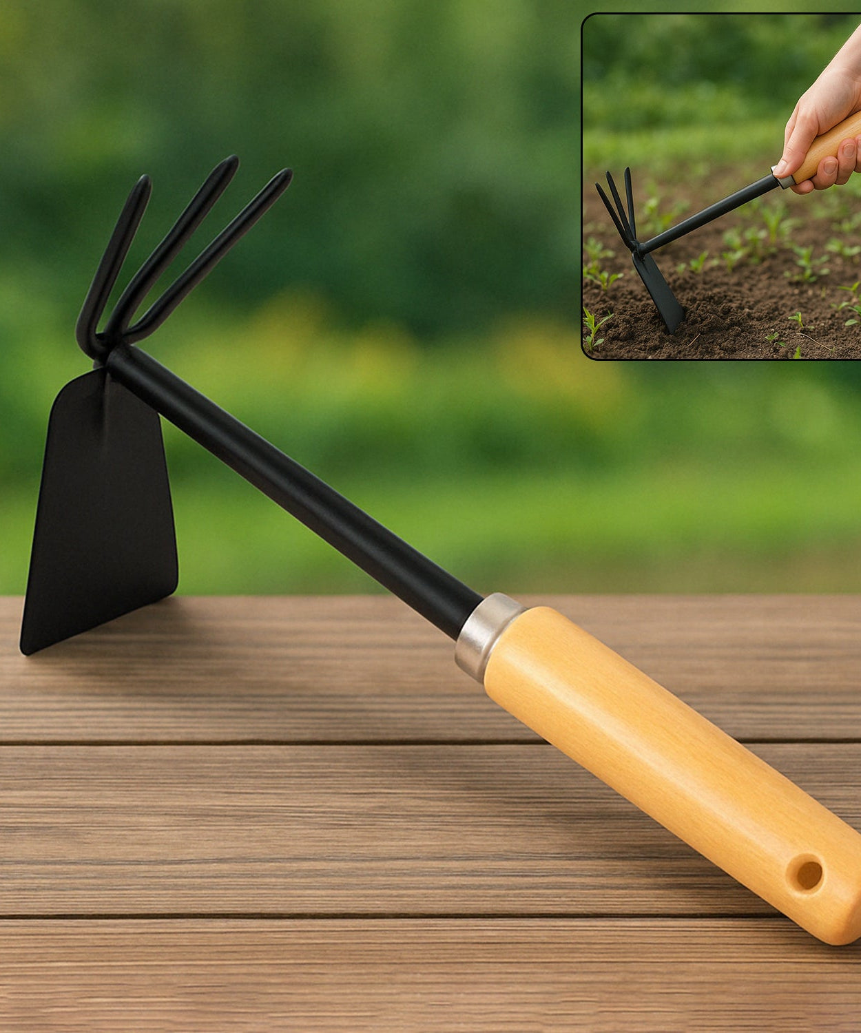 2 in 1 Double Hoe Gardening Tool with Wooden Handle