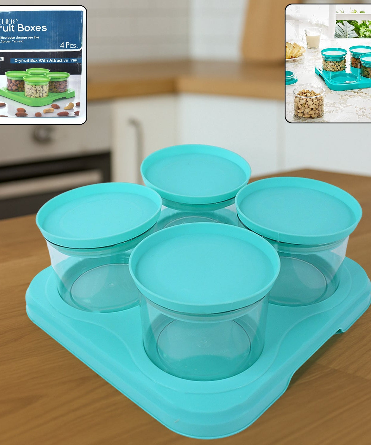Airtight Container Jar 4 Pc Set With Stylish Tray for Kitchen Unbreakable Jar Set for Multipurpose Storage ( Mukhwas Dani )