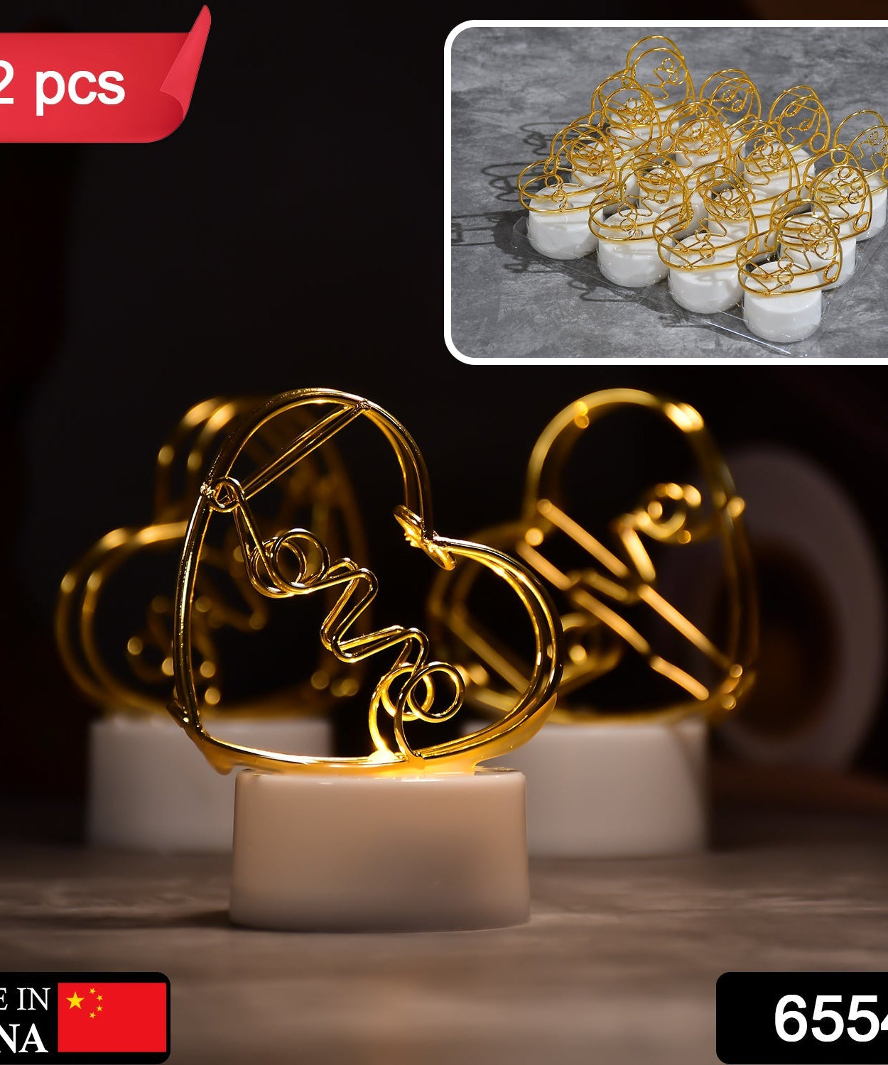 Heart-shaped LED candles for decoration.