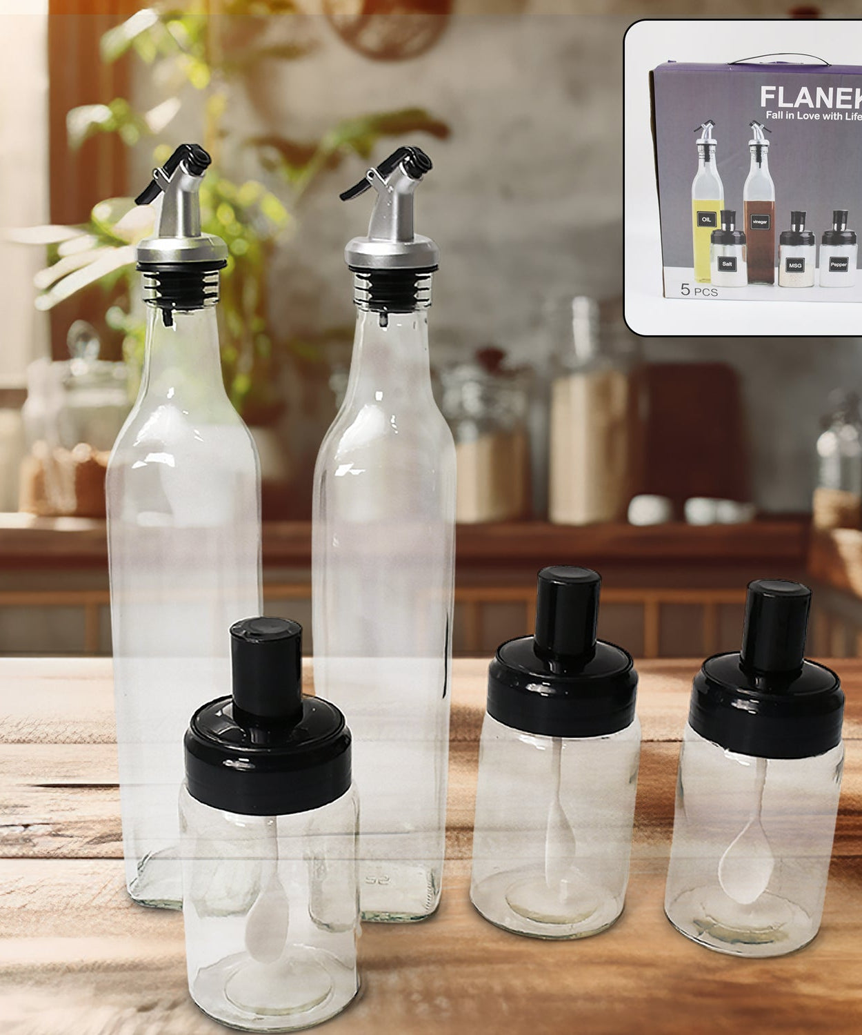 Transparent Glass Oil Dispenser 500 ML Bottle Set of 2, Spice Jar 250 ML Set of 3, Oil Bottle for Kitchen, Oil & Vinegar Storage Glass Bottle, Glass Container for Spice, Masala (5 Pcs Set)