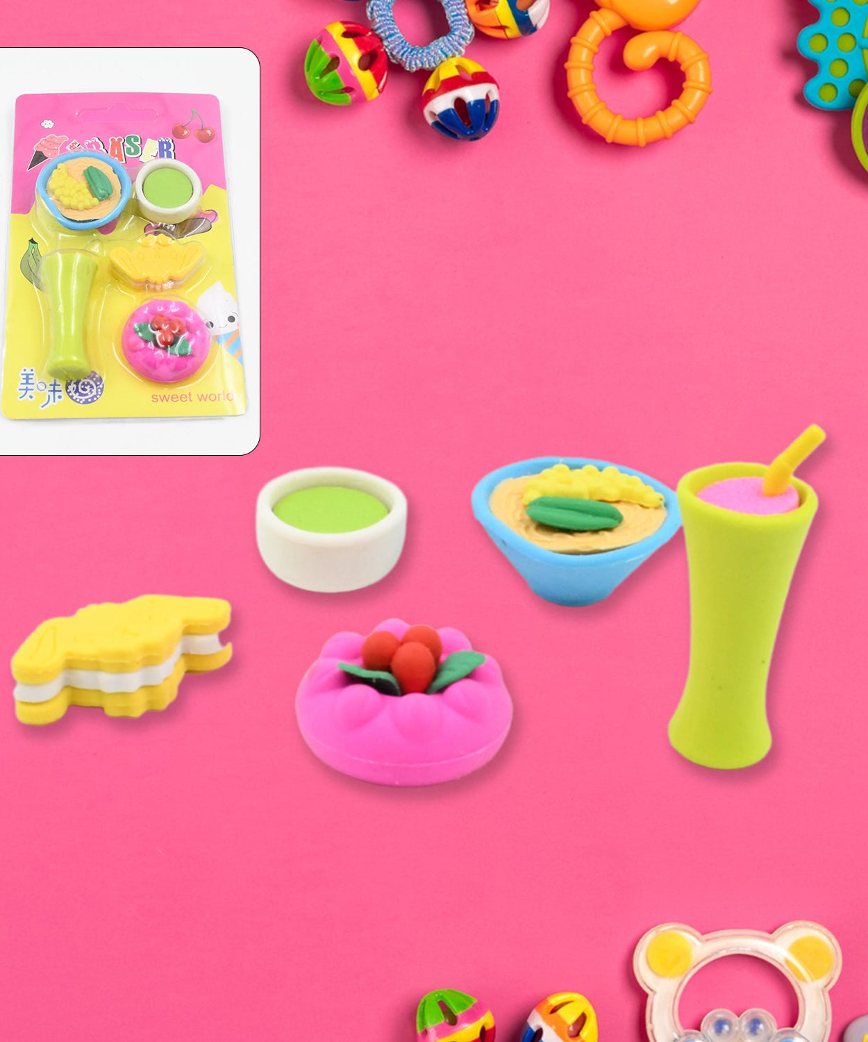 3D Mix Design Fancy & Stylish Colorful Erasers – Cute Novelty Eraser Set for Kids & School Prize (1 Set)