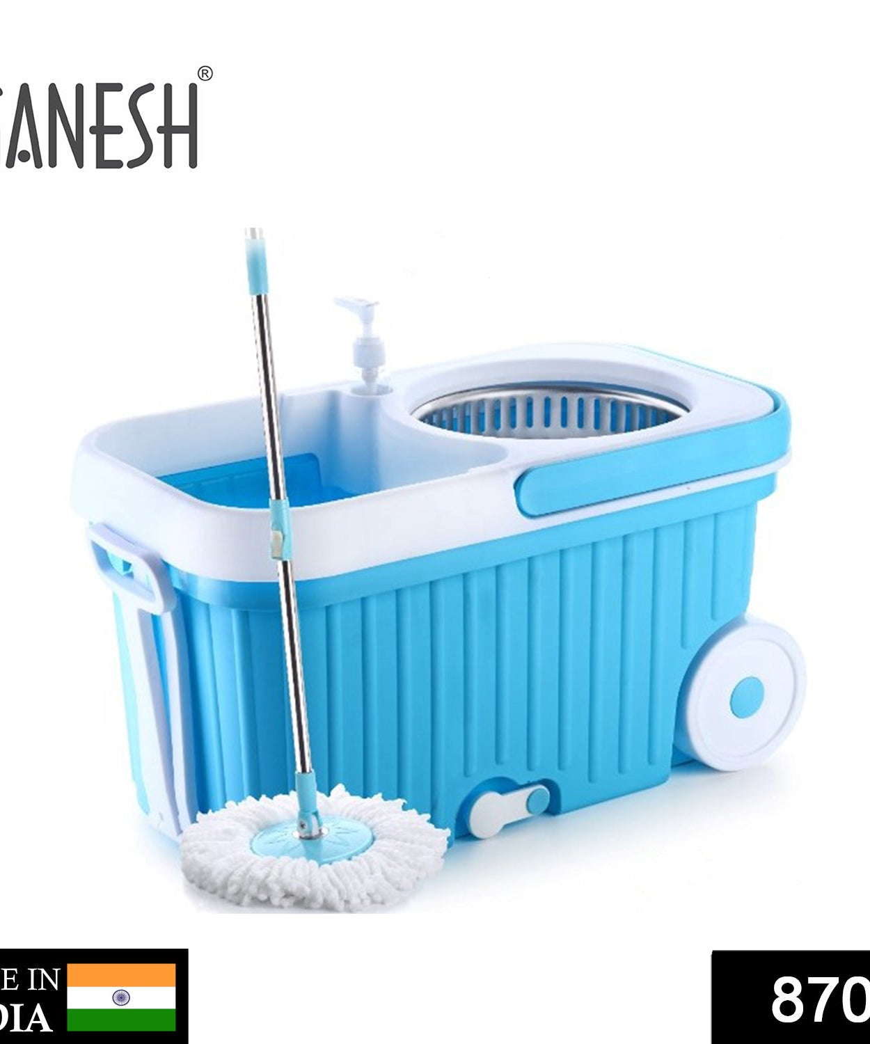 Spin mop with auto-fold handle and bigger wheels, different views.