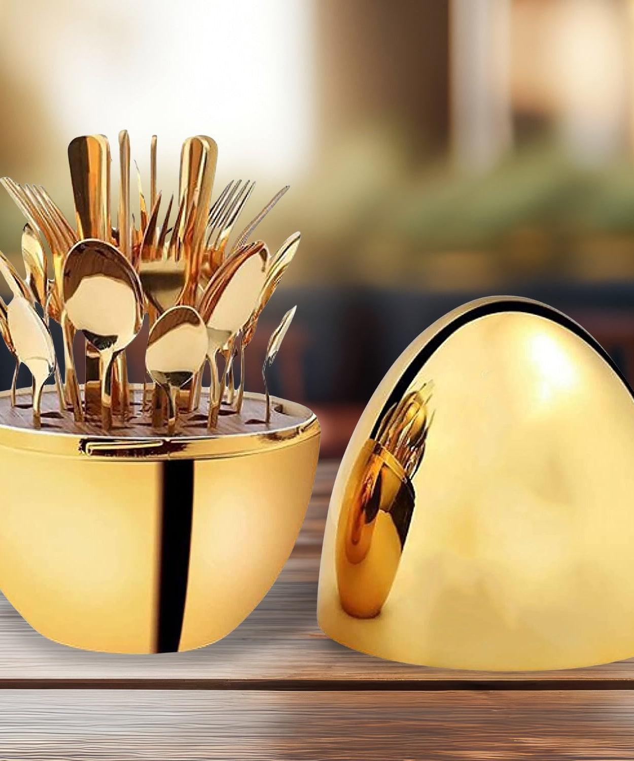 Premium Cutlery Set 24 Pcs with Oval Shaped Stand | Beautiful Stylish Oval Designed Cutlery Sets, Egg-Shaped Luxury Spoon Holder Set  (Golden / 24 pcs set)
