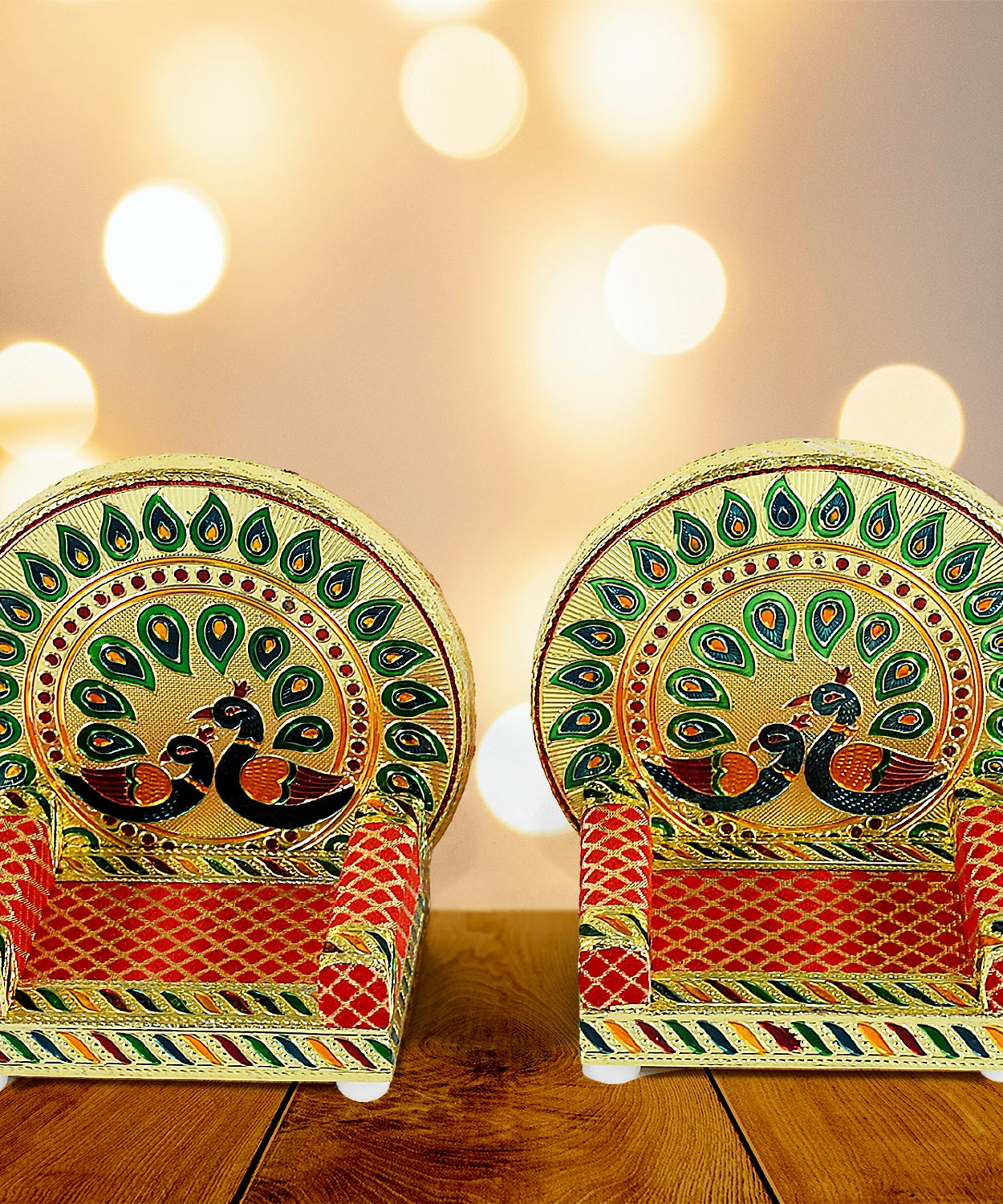 Meenakari Work Laddu Gopal Singhasan  / Sihasan for Pooja Mandir Wooden Krishna Ladoo Bal Gopal Sofa Asan, Home Decorative Premium Look Decorative Singhasan Suitable For Home, Office, Restaurant (2 Pc Set)