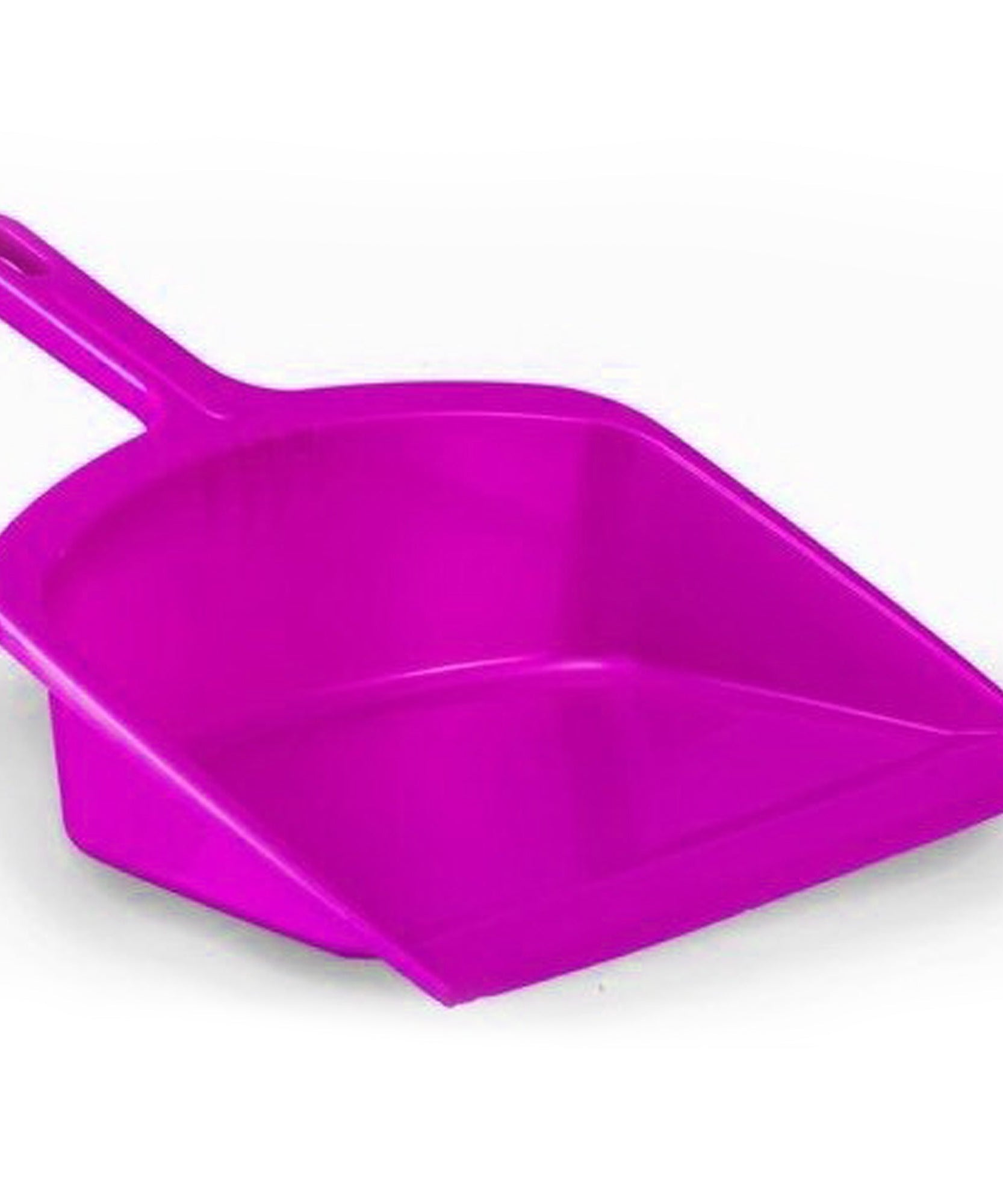 Durable plastic dustpan with handle, ideal for multiple surfaces.