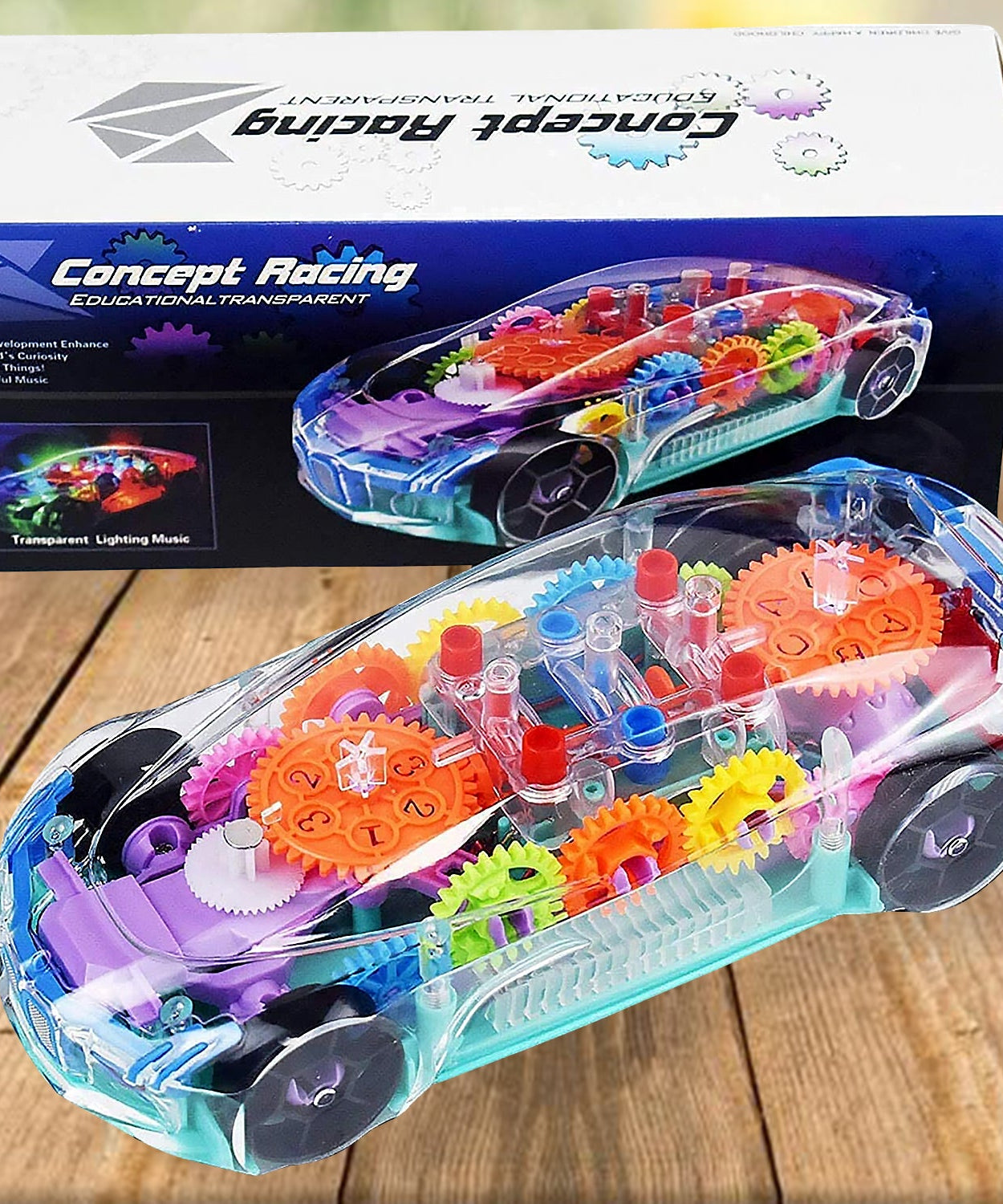 Automatic 360 Degree Rotating Transparent Gear Concept Car with Musical and 3D Flashing Lights Toy for Kids Boys & Girls (Multicolor / Battery Not Included)
