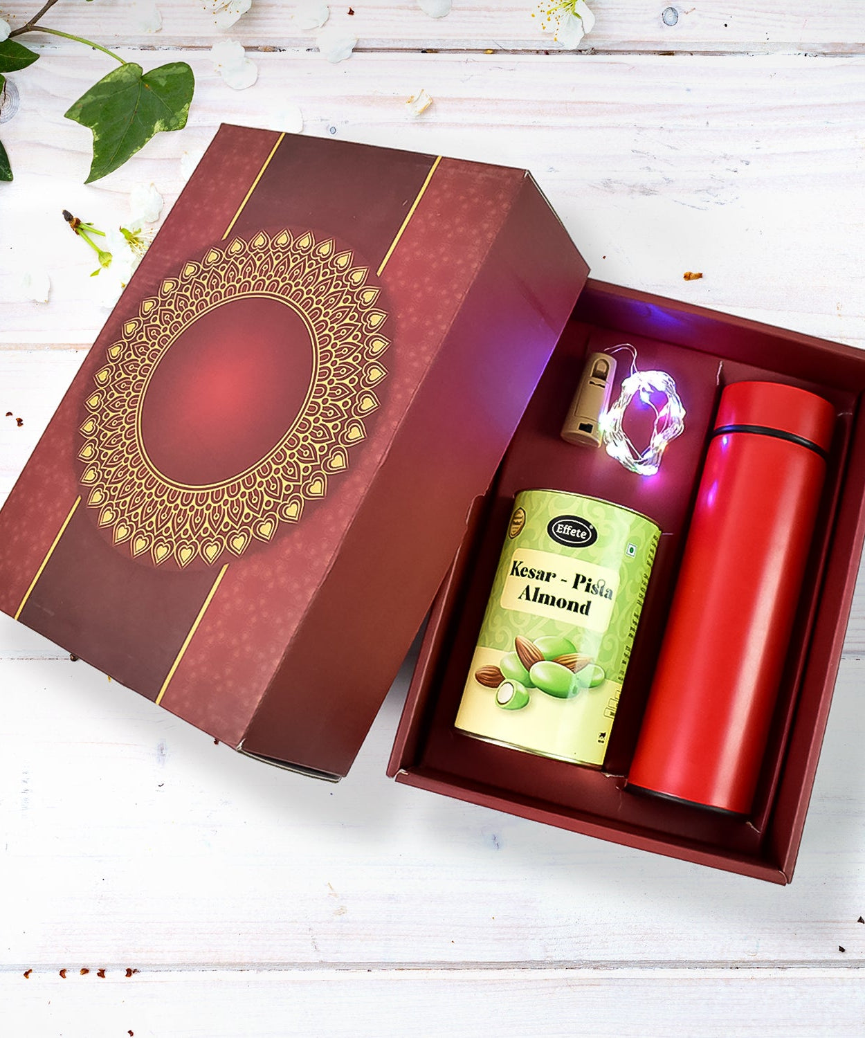 Personalized Temperature Water Bottle, Decorative Light & Kesar Pista Chocolate (With Attractive Multi color Box / 3 Pc Set)