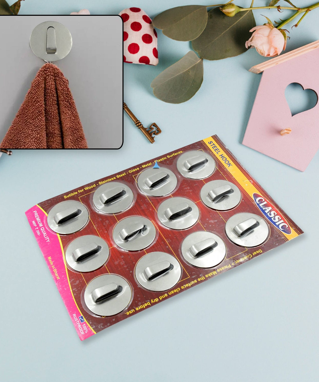 Steel self-adhesive wall hooks for home organization