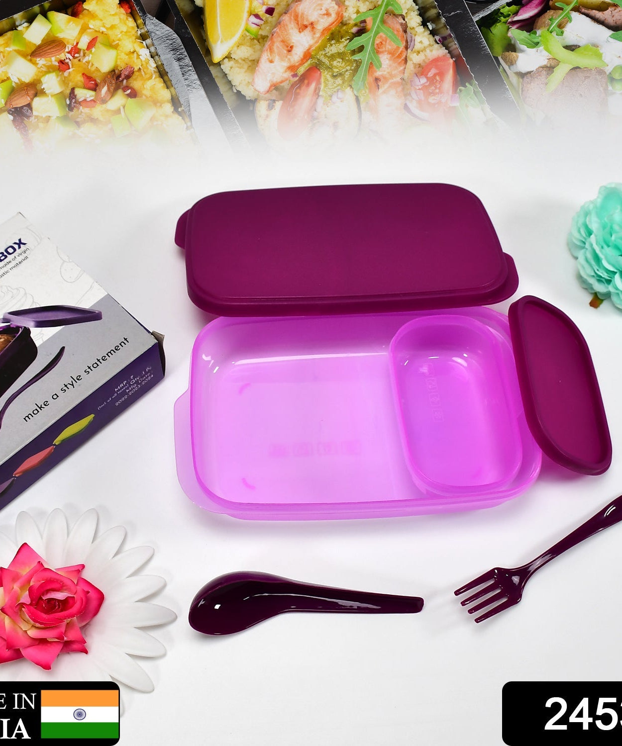 BPA-free lunch box with 2 containers and spoon included.