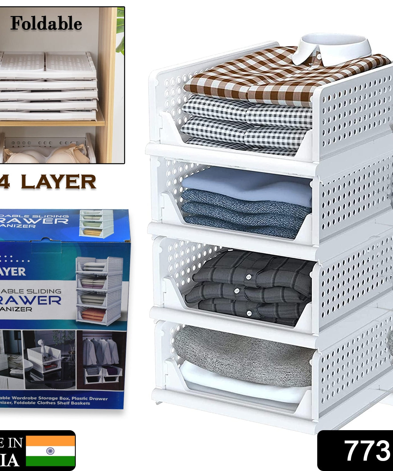 Plastic drawer organizer with four layers, foldable and stackable for wardrobe organization.