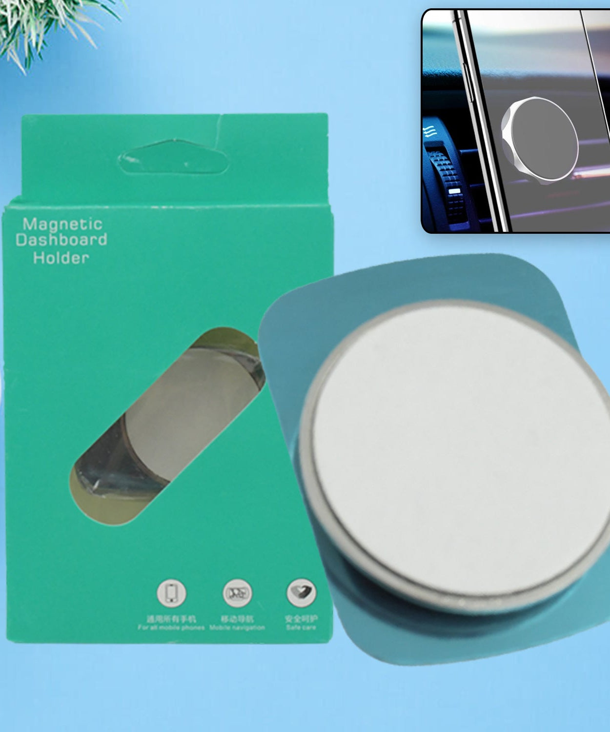 Mini magnetic car phone holder with metal body.