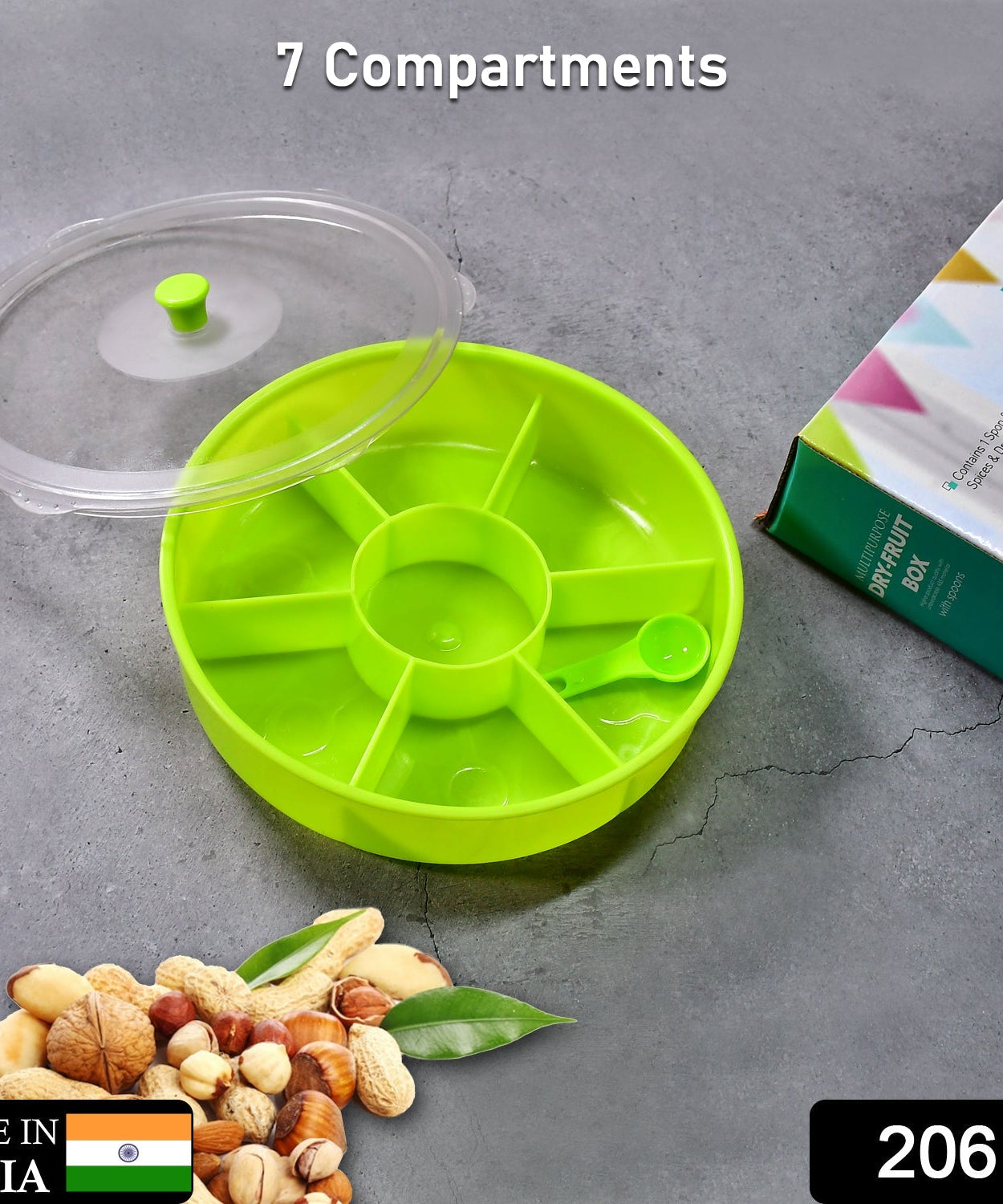 Dry-fruit and masala box with compartments and spoon
