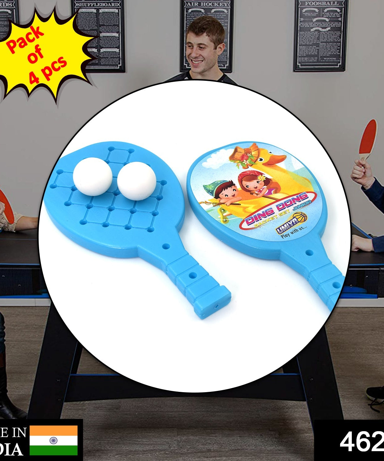 Table tennis racket set for kids, includes ball.