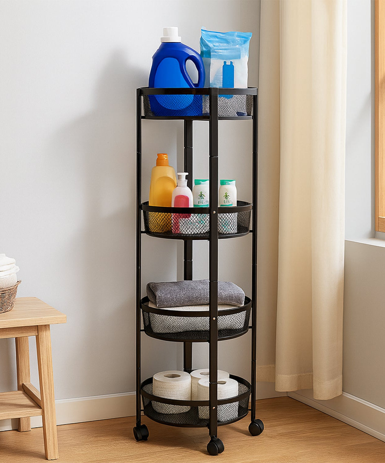 4-Layer Round Metal Mesh Storage Organizer Rack with Wheels (1 Pc)