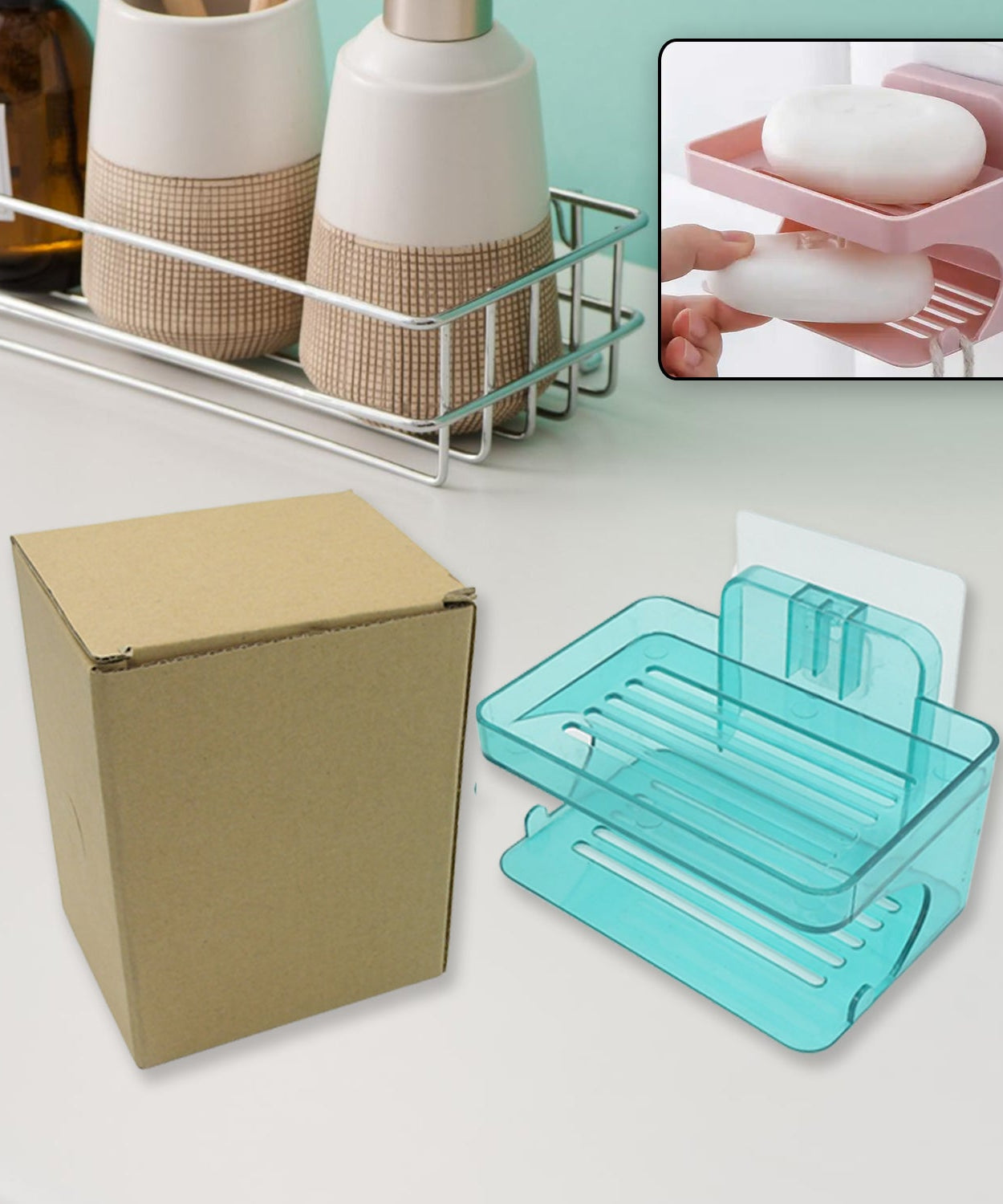 Wall-mounted soap holder with hook, self-adhesive