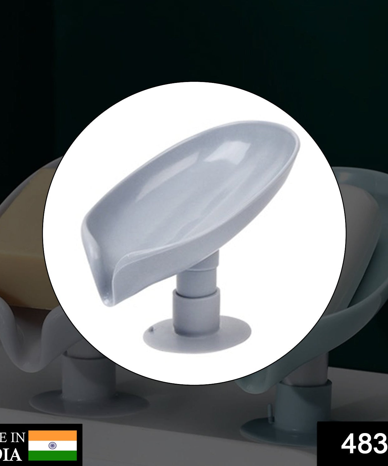 Leaf-shaped soap dish with self-draining feature for the bathroom.