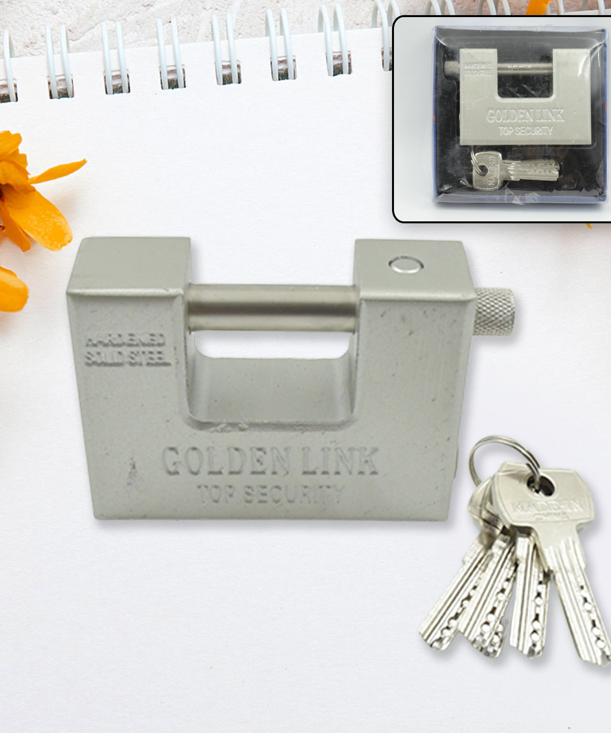 94mm Stainless Steel Padlock: Rectangular, Hardened Steel, 5 Keys