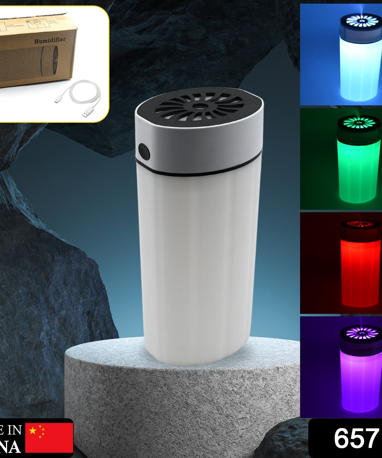 Small humidifier with vibrant light effect, designed for car or desk.