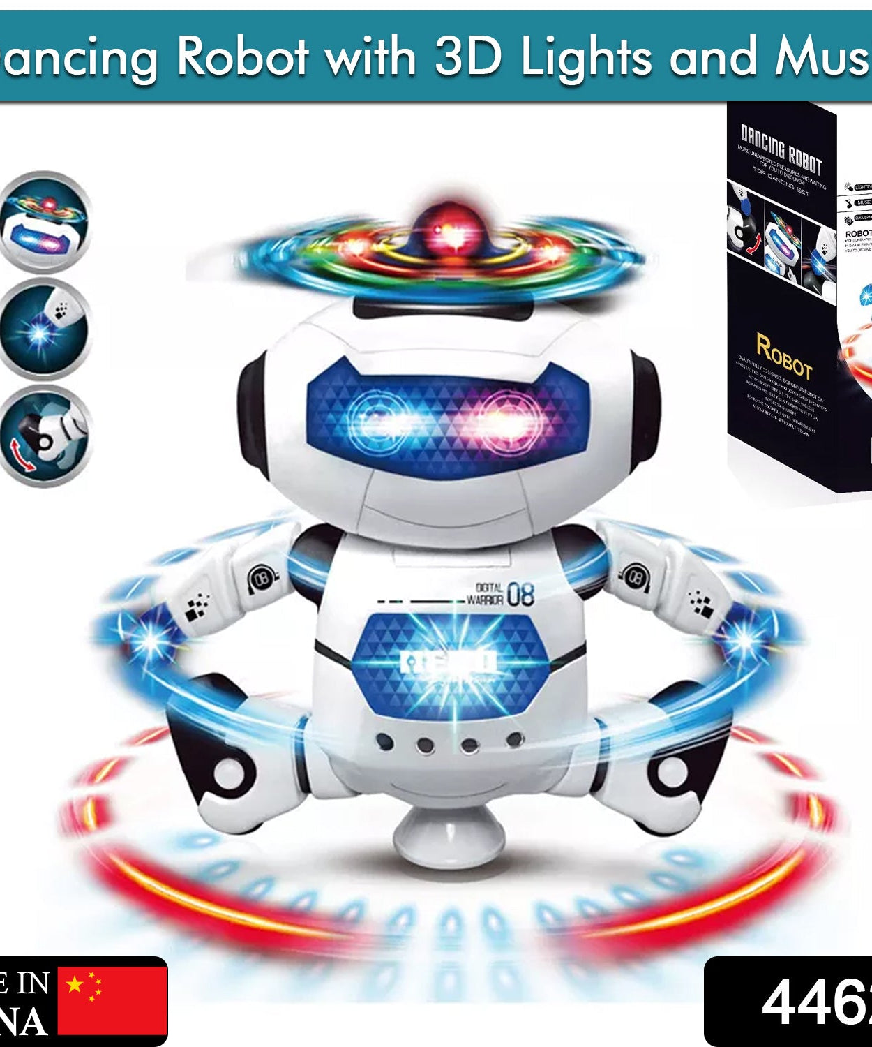 Robot toy with music and 3D light effects.