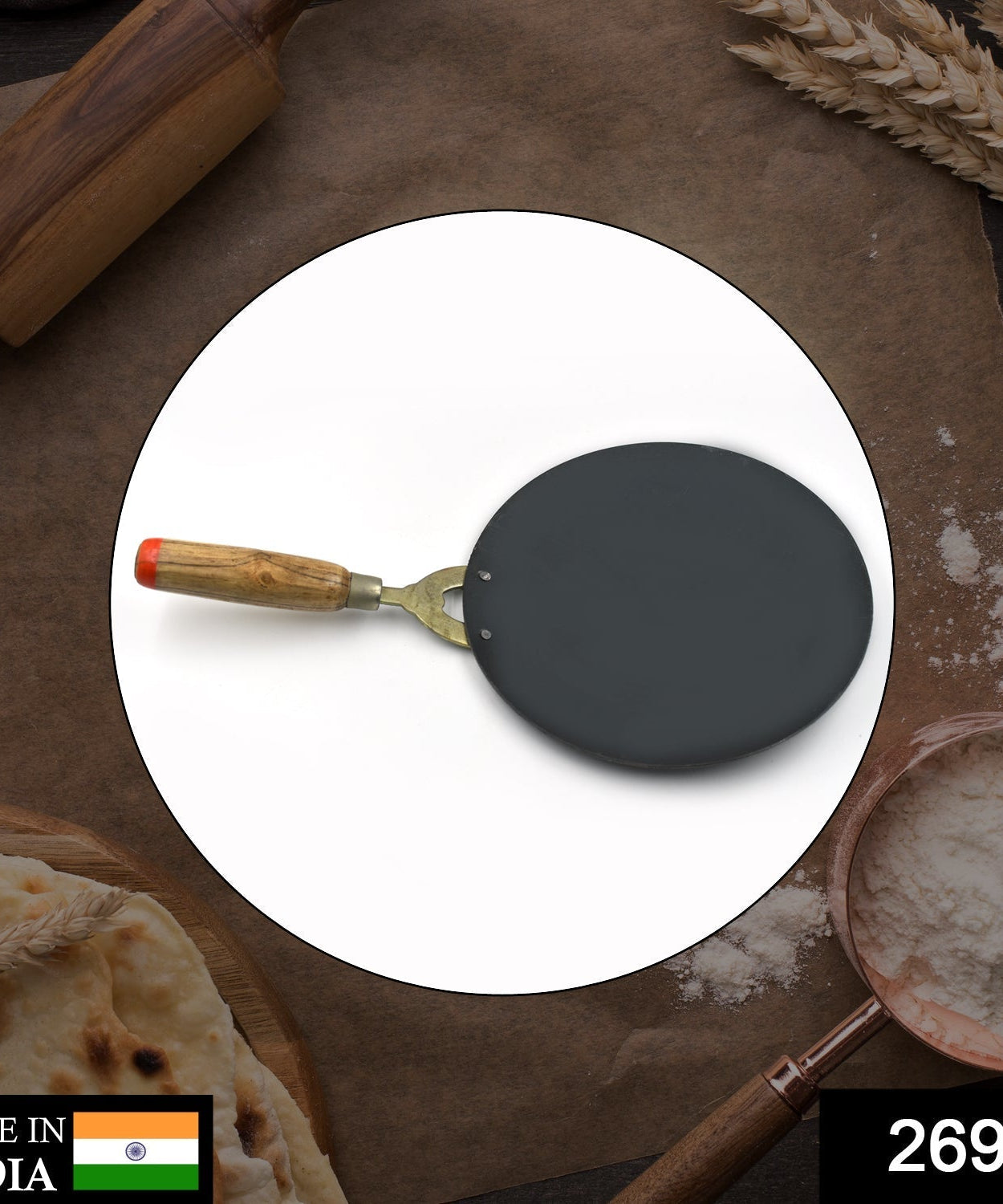 Durable wooden handle tawa for making perfect rotis and parathas in the kitchen.