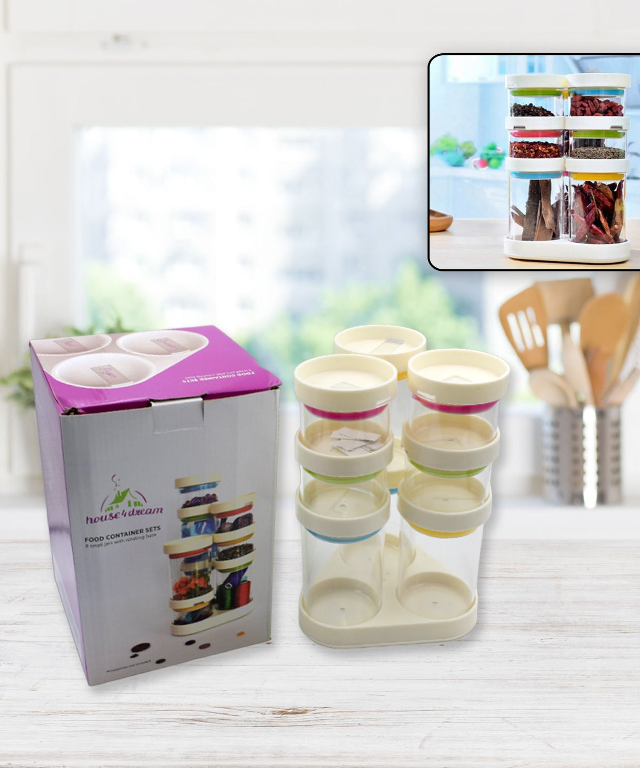 8-piece masala container set with transparent lids and tray for kitchen use