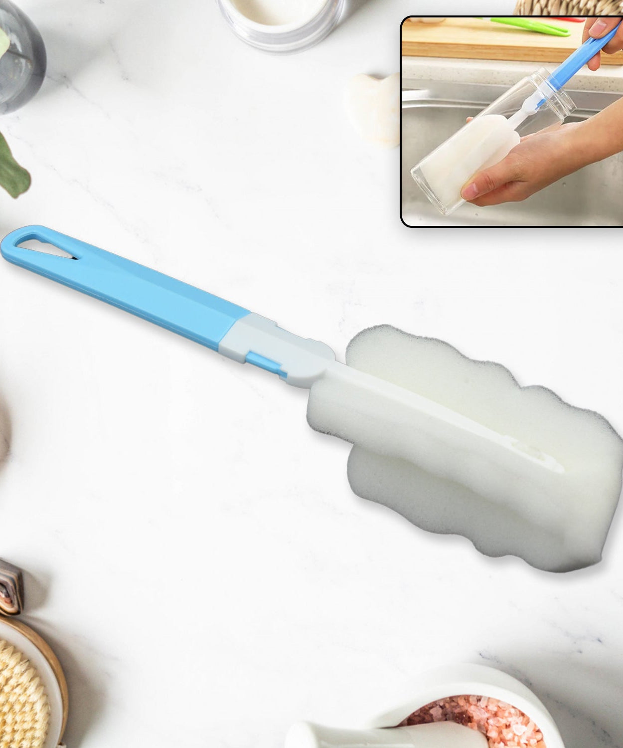 Sponge Cleaning Brush Kitchen Tool Bottle Soft Brush for Dishes| Cleaning Brush Cleaner with Plastic Long Handle, Soft Dish Washing Foam Cleaning Brushes For Cups Mugs Kettles Wine Glasses and Baby Bottles (1 Pc)