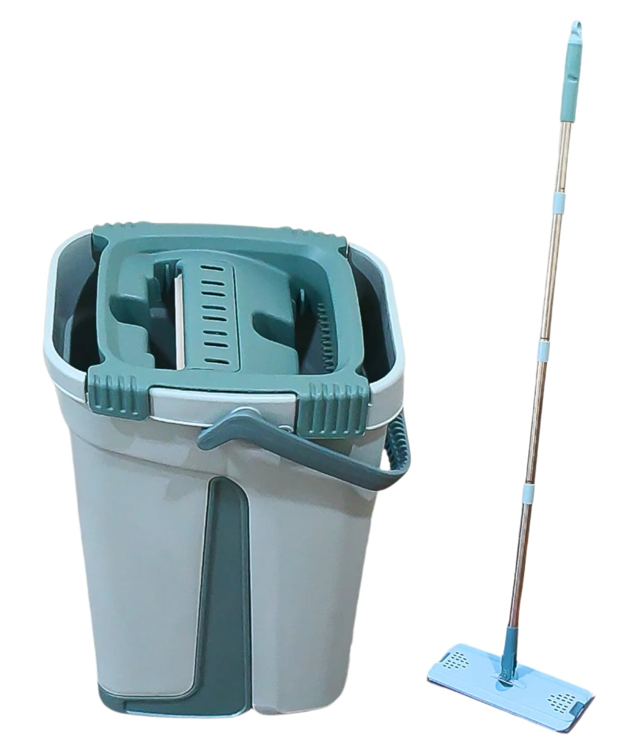 Scratch cleaning mop with self-cleaning feature and hands-free use.