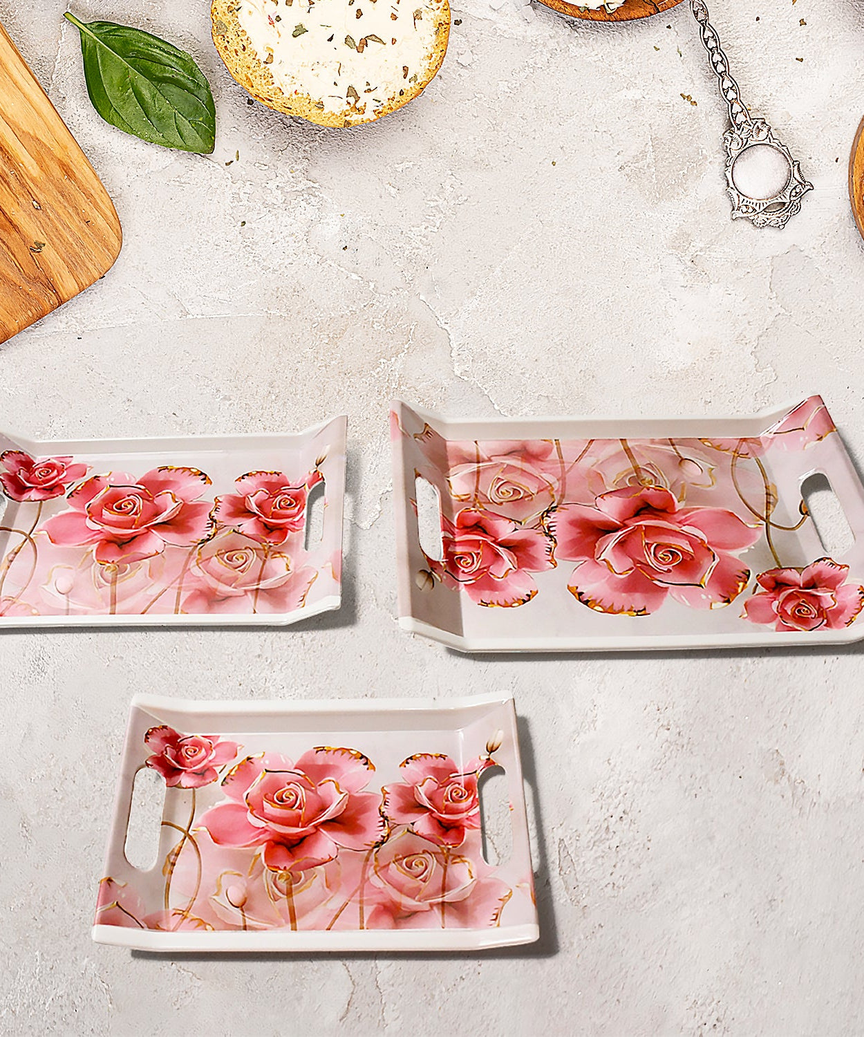Plastic Rectangular Shape Flower Printed Design Serving Tray 3 pcs Home and Kitchen Use (3 pcs set)