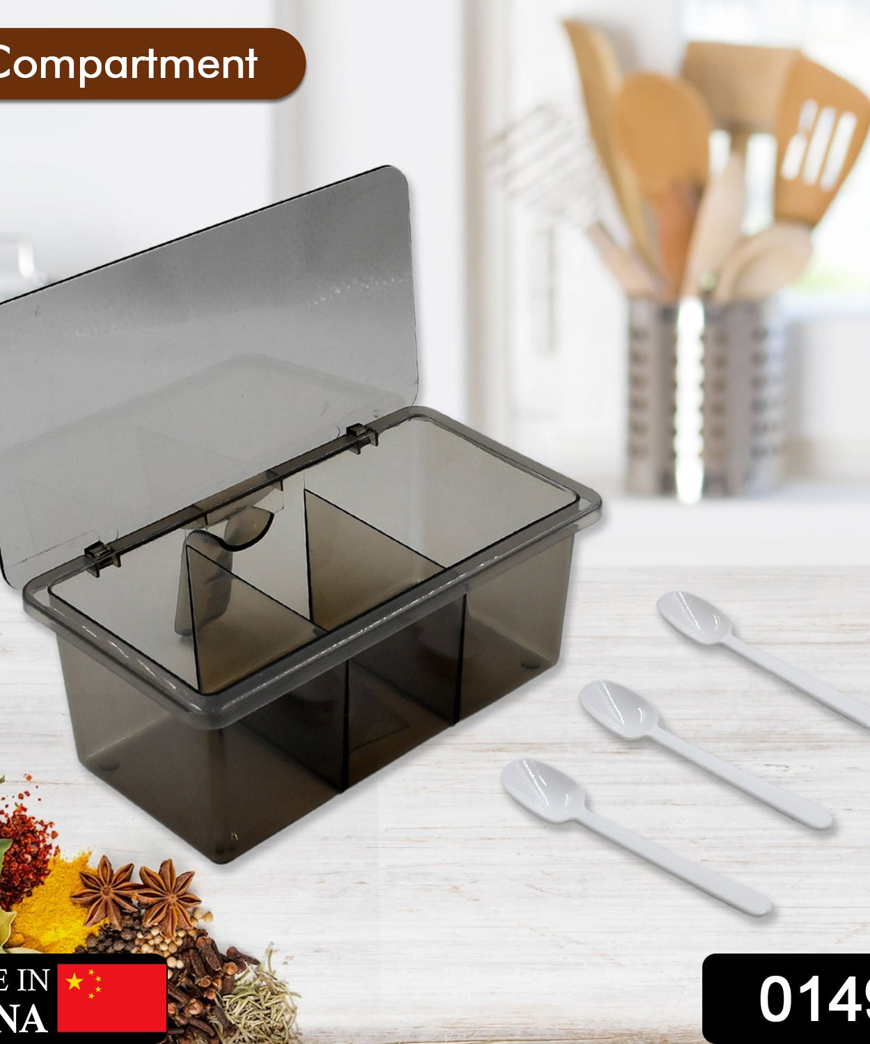 Spice box with three compartments and lid, durable and suitable for coffee shops or hotels.