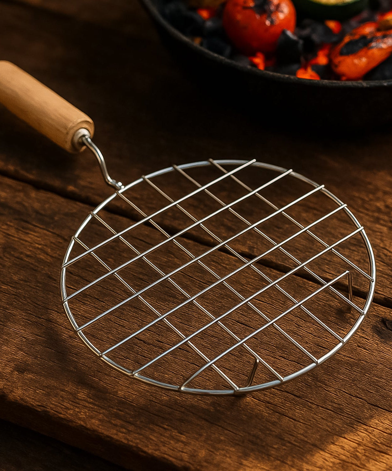 Kitchen Round Stainless Steel Roaster Papad Jali, Barbecue Grill with Wooden Handle