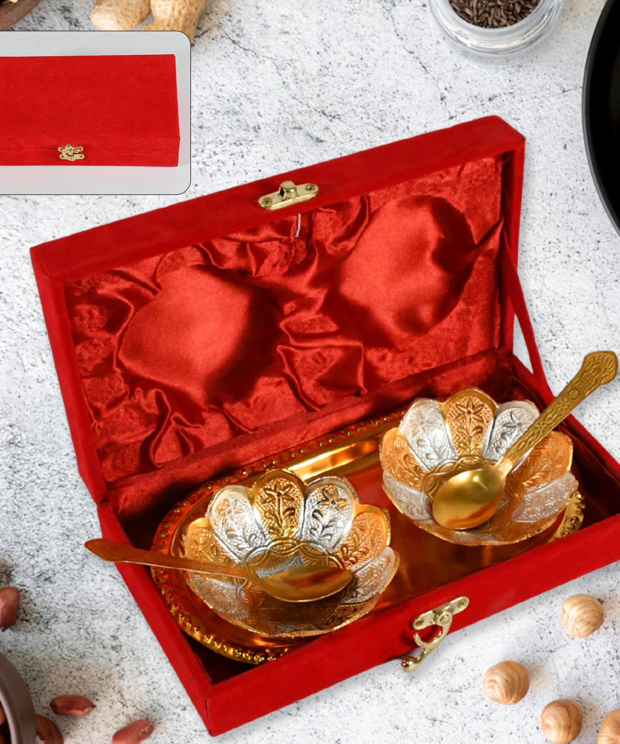 5in1 Gold Silver Plated 2 Bowl 2 Spoon Tray Set Brass with Red Velvet Gift Box Serving Dry Fruits Desserts Gift