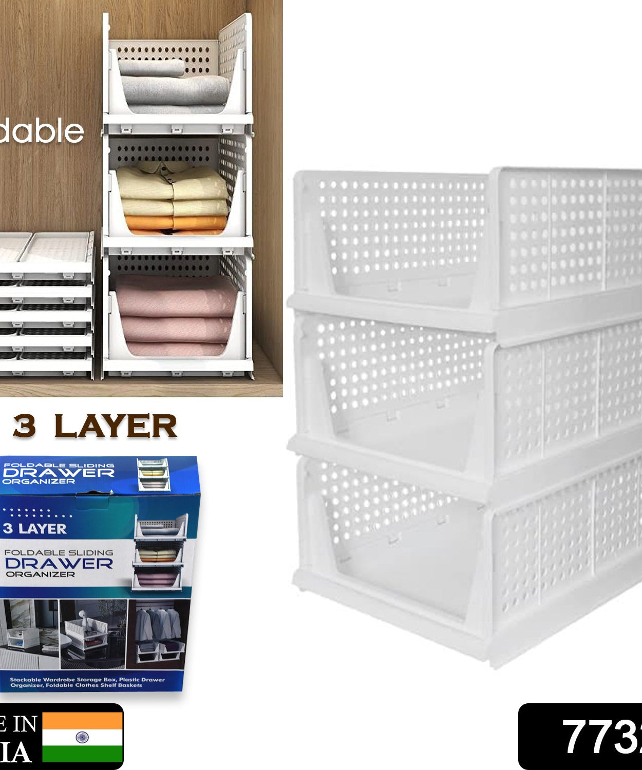 Multi-purpose wardrobe organizer, 3 layers for clothes, foldable and stackable.