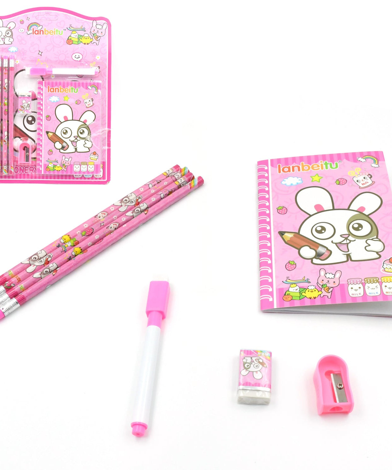 Complete stationery kit for kids, includes pencils, sharpener, and eraser.