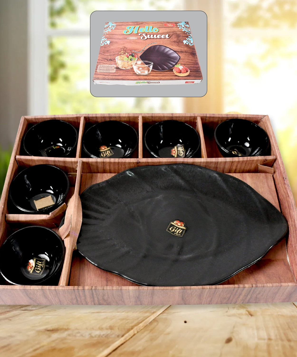 Hello Sweet Round Ceramic Snacks Bowl With Plastic Leaf shape Serving platter Portable, Lightweight Breakfast, Serving Bowl | Ideal for Rice, Pasta, Desserts Home & Kitchen Serving Bowl & platter (7 Pcs set)