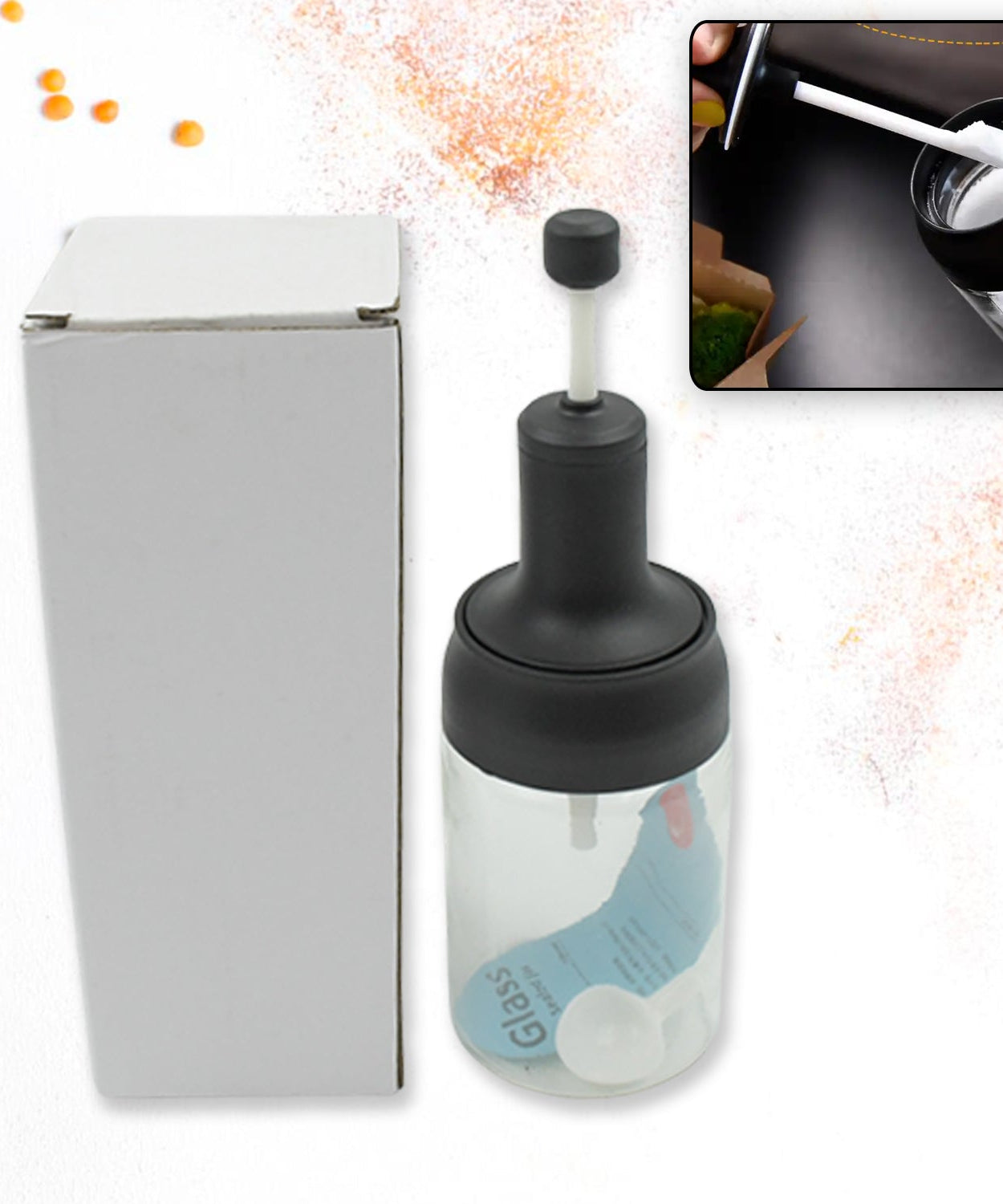 All-in-one glass jar with spoon for spices and seasonings.