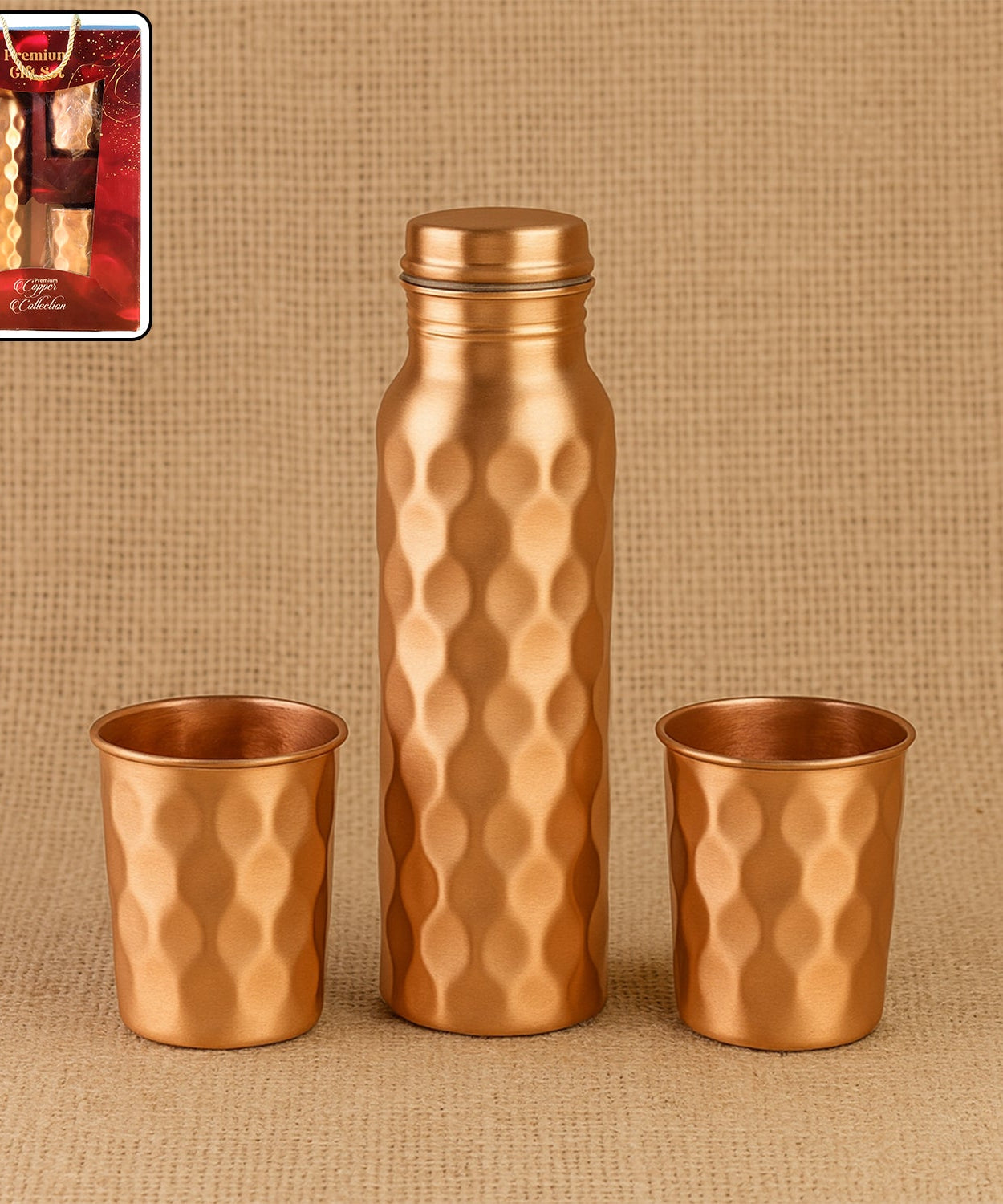 Diamond Cut Copper Water Bottle 2 Glasses with Gift Box (3 Pcs Set)