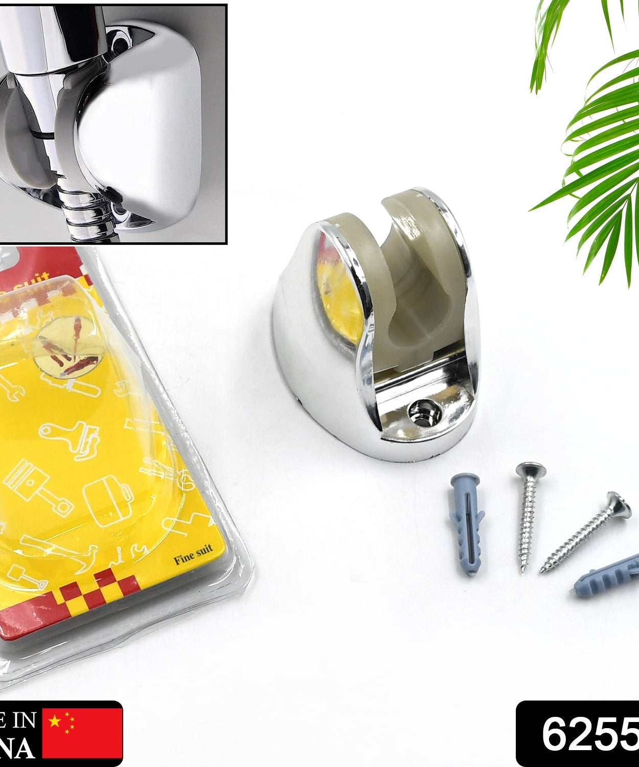 Hand shower holder with adjustable bracket and fixing screws for secure installation.