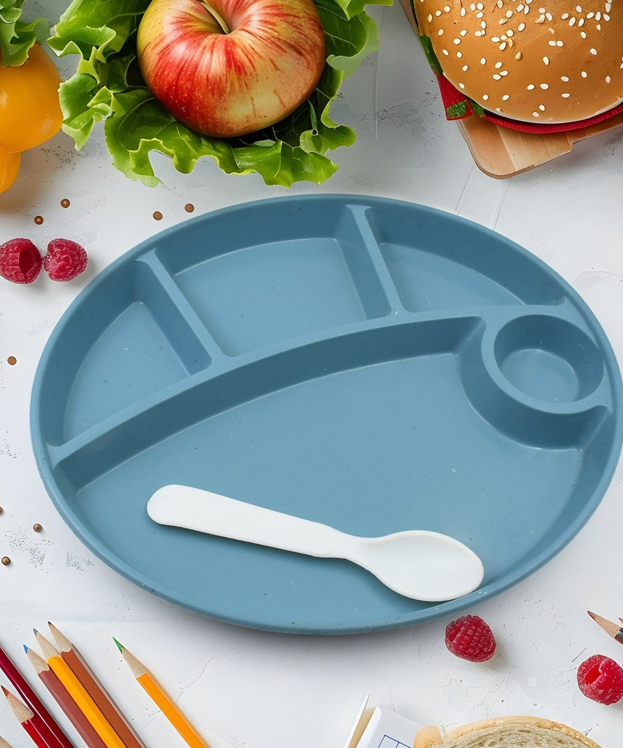 Plastic Food Plates / Biodegradable 5 Compartment Plate With Spoon for Food Snacks / Nuts / Desserts Plates for Kids, Reusable Plates for Outdoor, Camping, BPA-free (1 Pc)