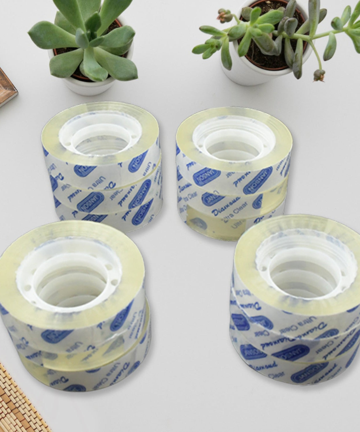 Clear transparent tape refills for office and school use.