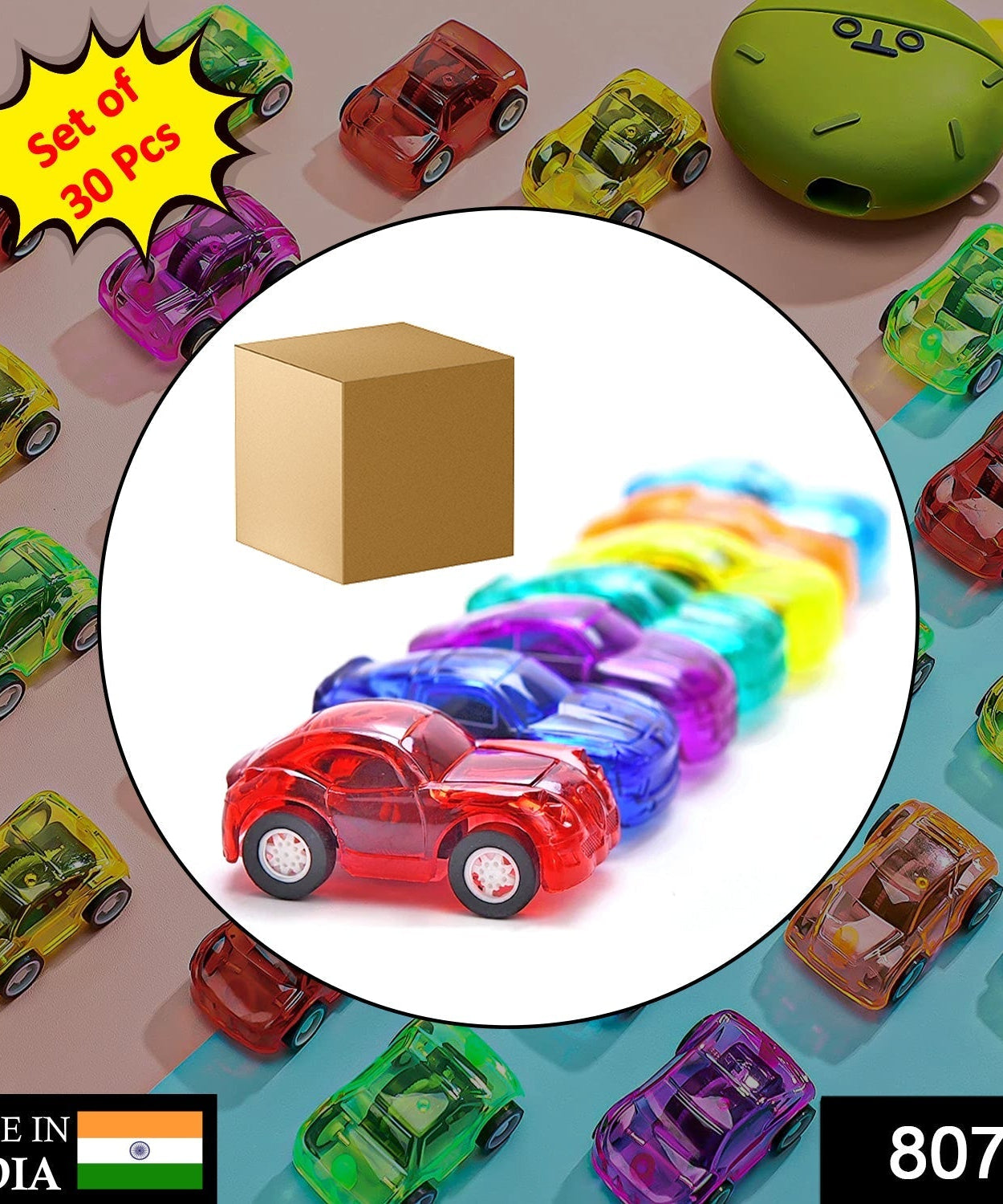Colorful pull back car toy for children.