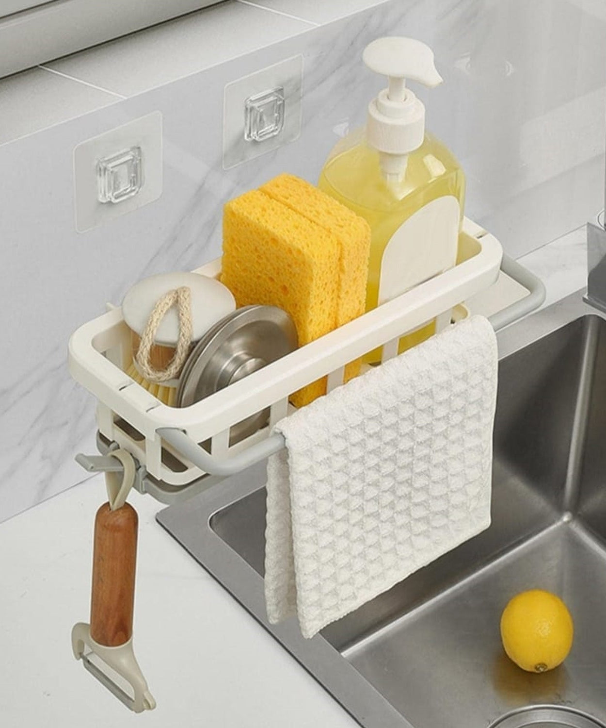 Multipurpose Platic Hanging Drain Rack Retractable Sponge Storage Hanging Rack With Adhesive Hook for Kitchen and Bathroom Dishcloth Holders Basket Drying Tray Organizer